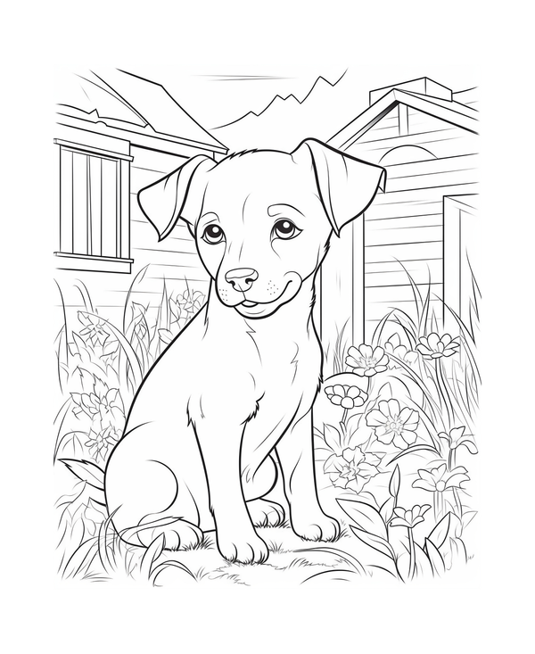 Coloriage d'un chiot assis dans le jardin de la maison