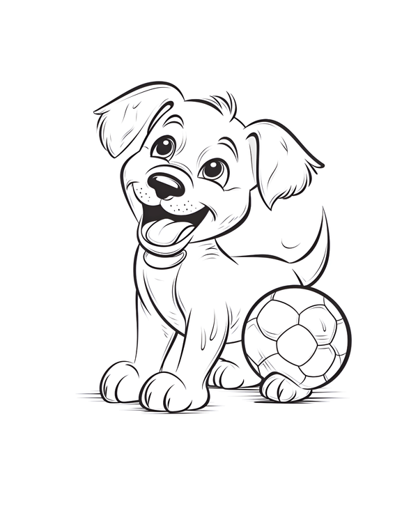 Coloriage d'un chiot joyeux jouant avec une balle