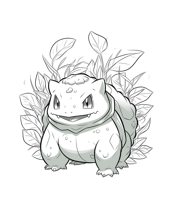Coloriage d'un Bulbasaur avec des feuilles en arrière plan